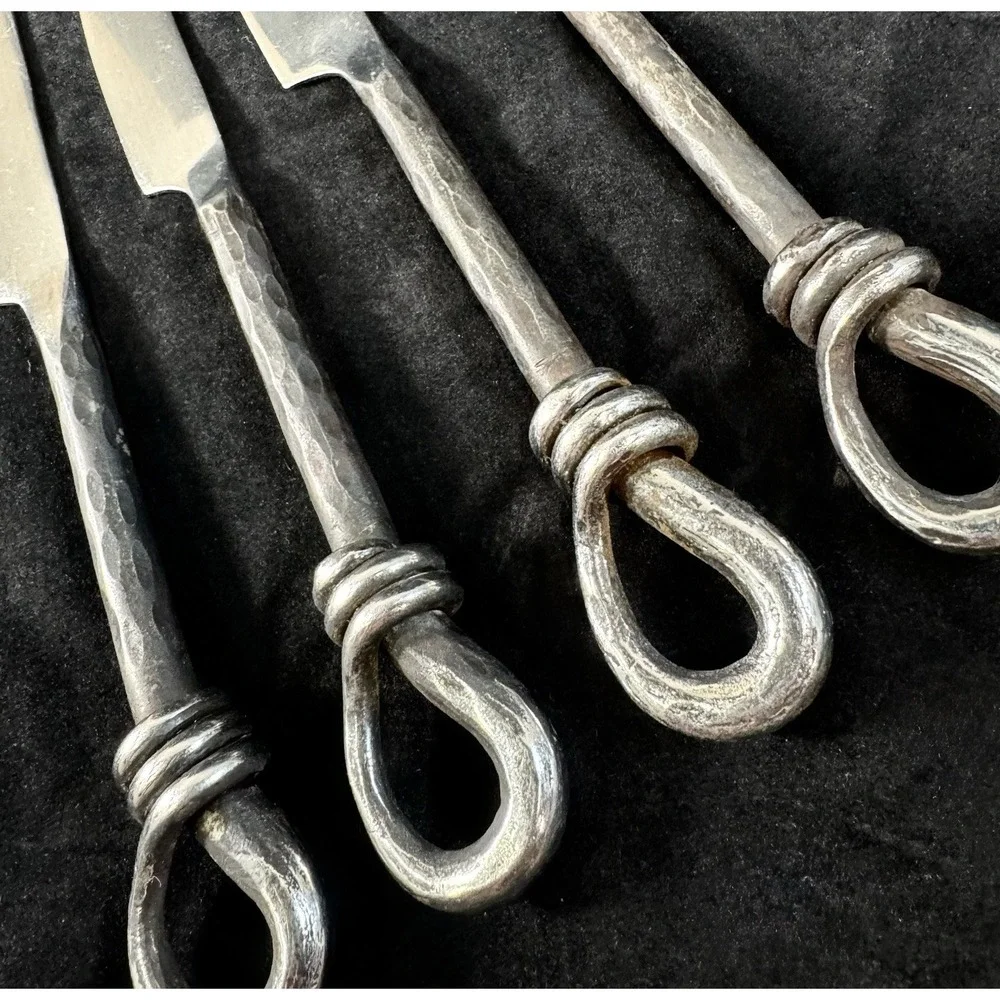 Rustic Hand Forged Black Loop Twist Dinner Knives Set 4 Blacksmith Hammered 9